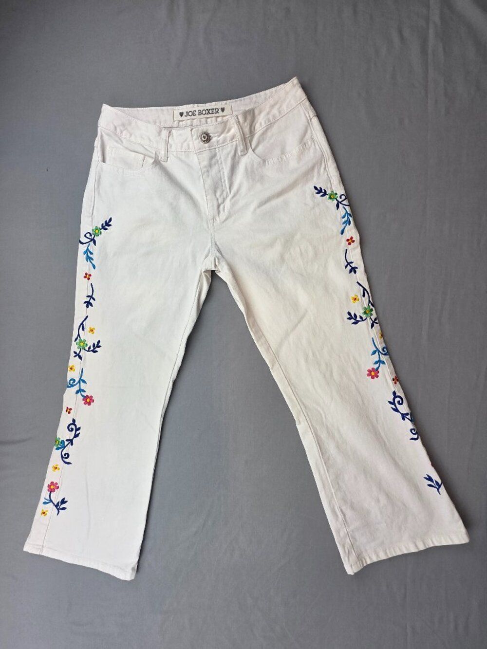 Y2k Joe Boxer Junior White Floral Embroidered Jeans Size 7 Boho Indie Hippie 70s